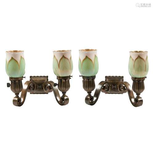 Pair Bronze Wall Sconces with Pulled Feather  Quezal