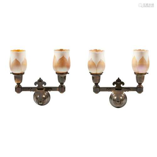 Pair Bronze Wall Sconces with Pulled Feather  Quezal