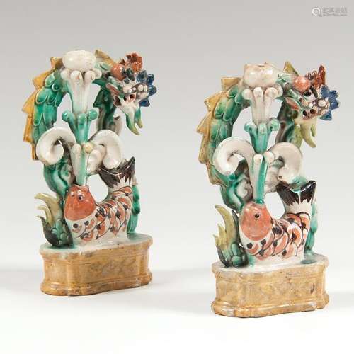 Pair Chinese Polychrome Earthenware Dragons