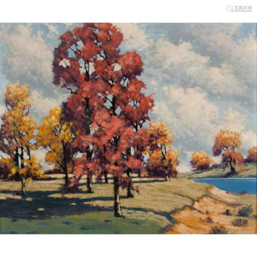 American School, Fall Landscape, Signed  G.W. Shewman