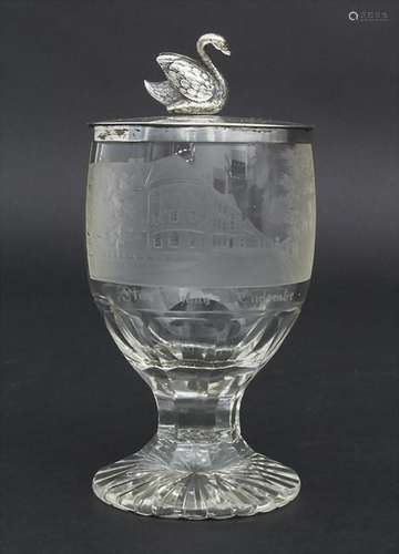 Ansichtenbecher / A glass beaker with silver cover,