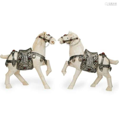 Pair Of Decorative Chinese Bone Horse Sculptures