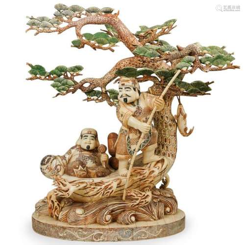 Japanese Carved Bone Fisherman Group