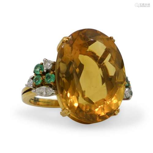 18K Gold Citrine Diamond & Emerald Ring
