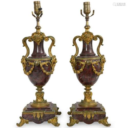 Pair Of French Bronze and Marble Converted Lamps