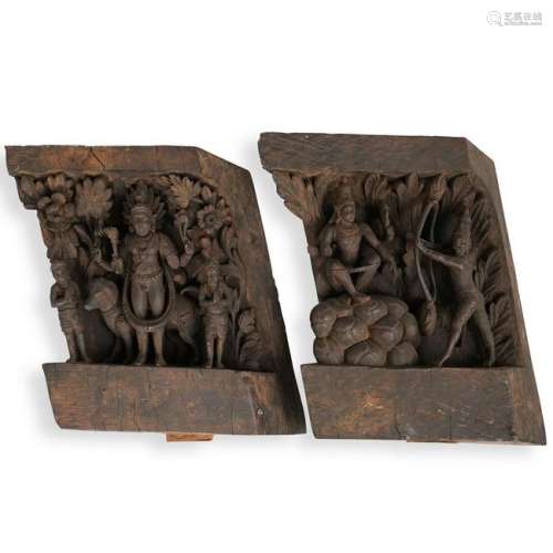 Pair Of Hindu Relief Carved Wood Blocks