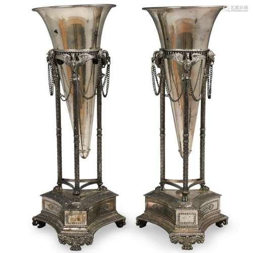 Pair Of Neoclassical Silver Plated Suspended Vases