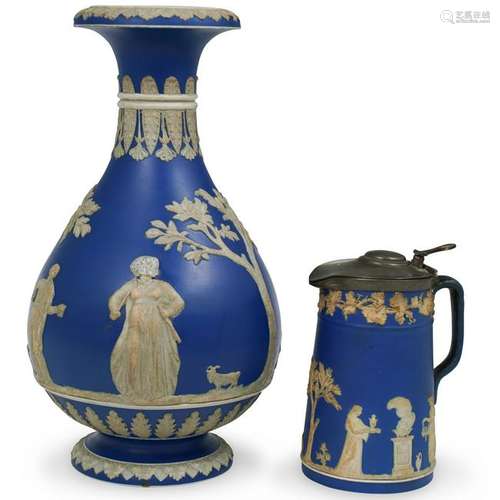 (2 Pc) Wedgwood Deep Blue Figural Vase