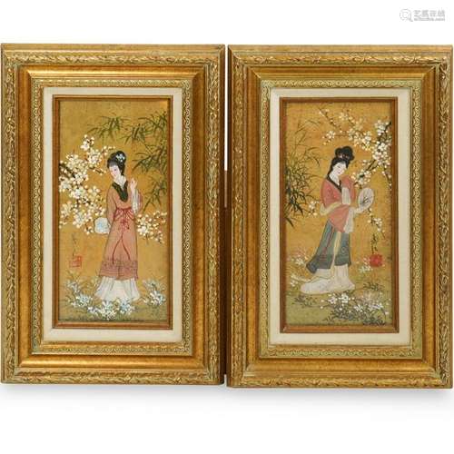 Pair of Chinese Oil on Cork Paintings