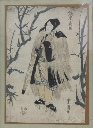 Japanischer Farbholzschnitt 'Figur in Winterlandschaft'