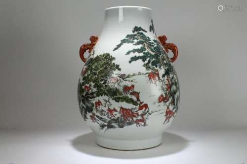 A Chinese Duo-handled Deer-fortune Porcelain Vase
