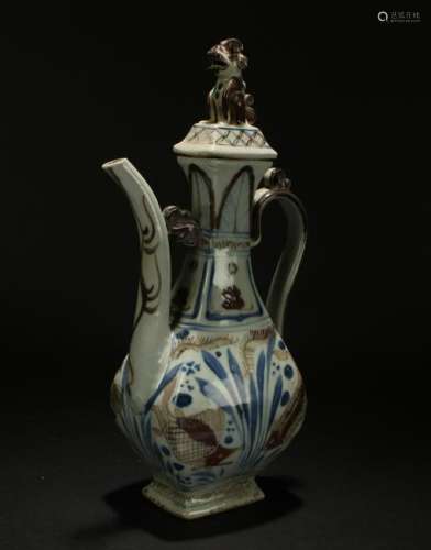 A Lidded Chinese Aquatic-fortune Porcelain Ewer Display
