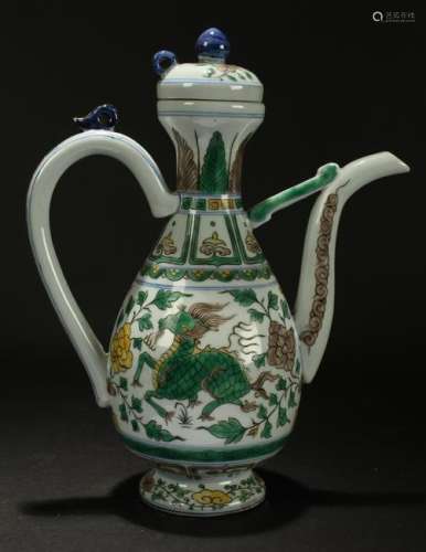 A Chinese Lidded Myth-beast Porcelain Fortune Ewer