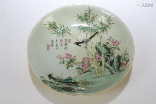 A Porcelain Plate with Bird and Bamboo Display in