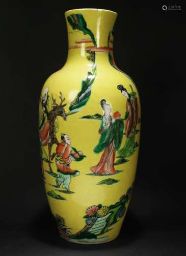 A Chinese Story-telling Yellow Porcelain Vase
