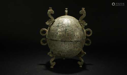 A Chinese Myth-beast Lidded Bronze Vessel Display