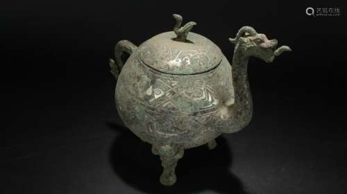 A Chinese Tri-podded Lidded Myth-beast Bronze Vessel