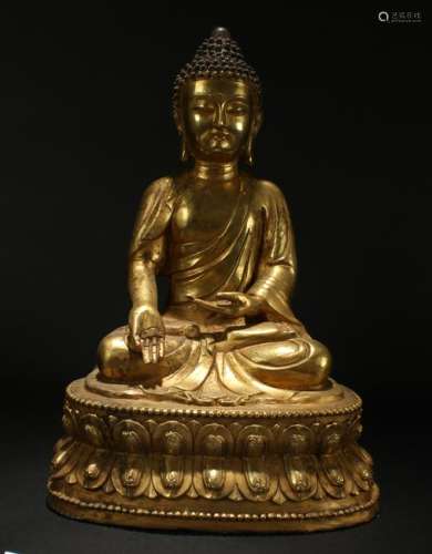A Chinese Tall-base Lotus-seated Gilt Buddha Statue