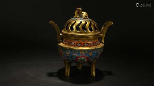 A Chinese Tri-podded Lidded Cloisonne Censer Display