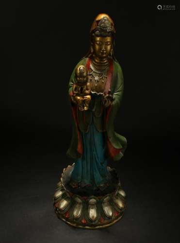 A Chinese Joyful-kid Estate Religious Guanyin Statue