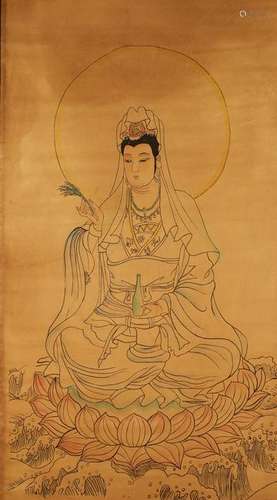 An Estate Chinese Guanyin Lotus-seated Scroll Display