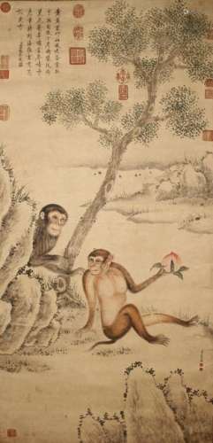 An Estate Chinese Detailed Monkey-portrait Fortune