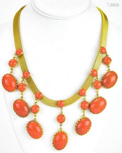 Vintage Gilt Metal & Faux Coral Statement Necklace