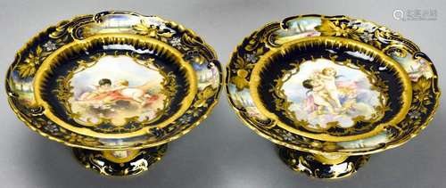 Pair of French Sevres Hand Painted Cobalt Compotes