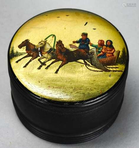 Antique Russian Lacquer Troika Hand Painted Box