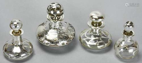 4 Antique Sterling Silver Overlay Perfume Bottles