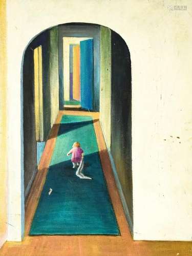 Mid Century Oil Painting on Board Child In Hallway