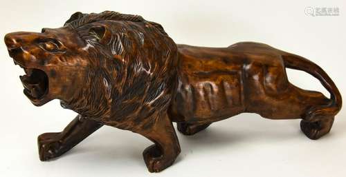 Large Carved Wood Statue of a Pacing Lion