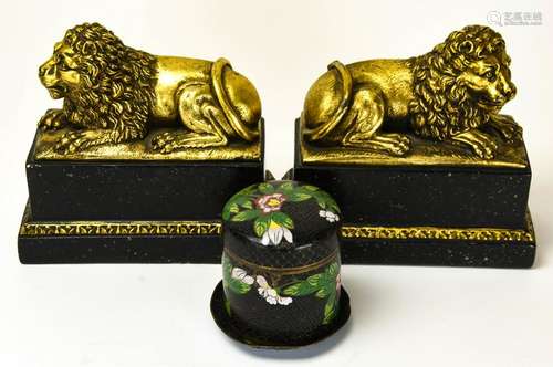 Pair of Gold Lion Books Ends & Two Cloisonne Items