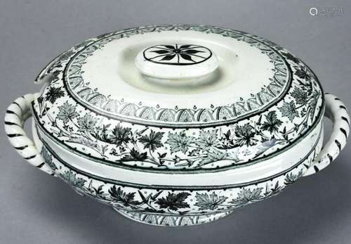 Antique 19th C Black & White Transferware Tureen