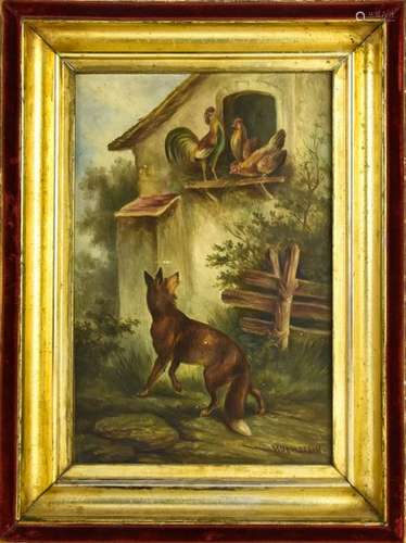 Antique 19th C Oil Painting Fox in the Hen House