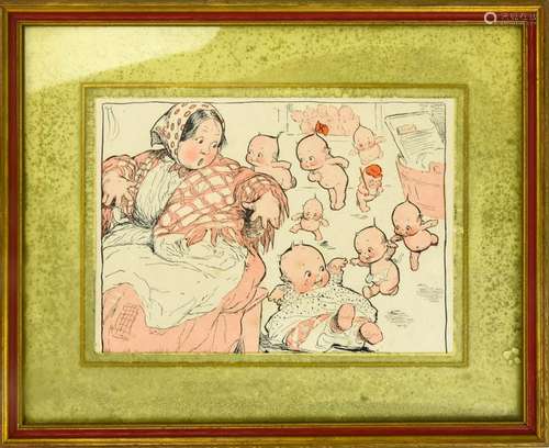 Antique Rose O'Neill Kewpie Framed Illustration