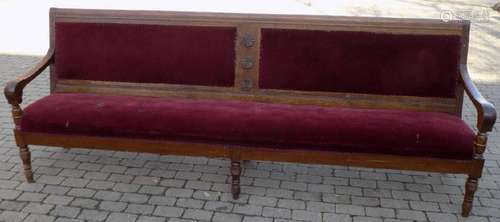 Large Antique Oak Velvet Upholstered Pew / Bench.