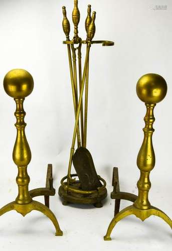 Brass Andirons and Fireplace Tool Set