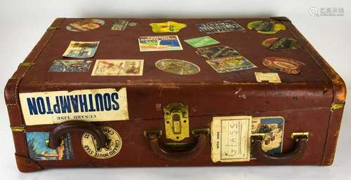 Antique Leather Suitcase with Travel Labels