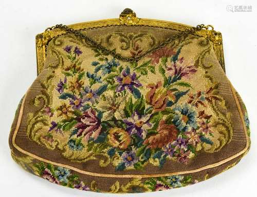 Antique Petite Point Needlepoint Purse w Flowers