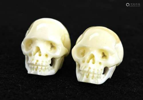 Pair Memento Mori Carved Bone Skull Jewelry Beads