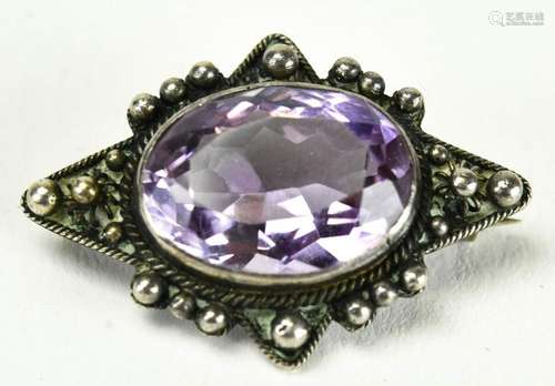 Vintage Sterling & Amethyst Etruscan Style Brooch