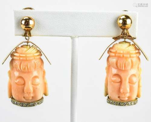 Estate Chinese 14kt Gold Diamond & Coral Earrings