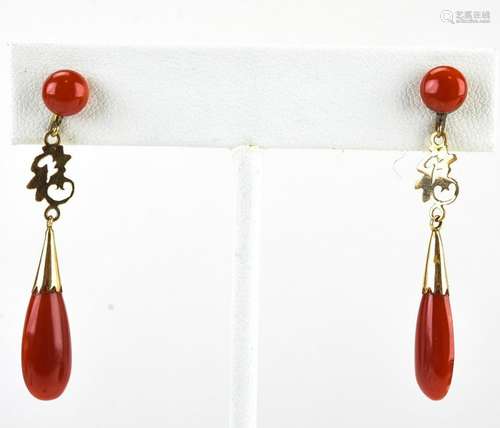 Estate Chinese 14kt Yellow Gold & Coral Earrings