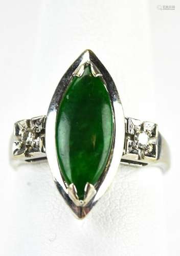 Estate Chinese 14kt White Gold & Jade Navette Ring