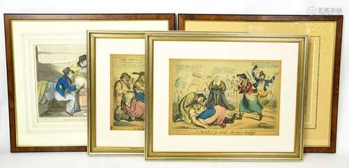 4 Antique British Satirical Hand Colored Etchings