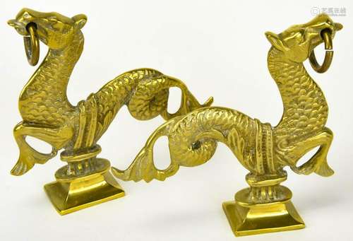 Pair of Antique Gilt Brass Sea Serpent Statues