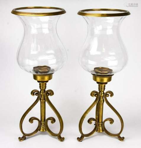 Pair Contemporary Brass and Glass Large Hurricanes