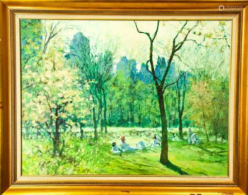 Signed Impressionist Style Oil Painting Park Scene