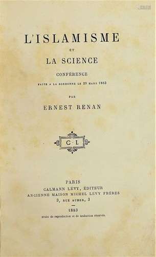 RENAN (Ernest). ISLAMISM AND SCIENCE. Paris, Calma…